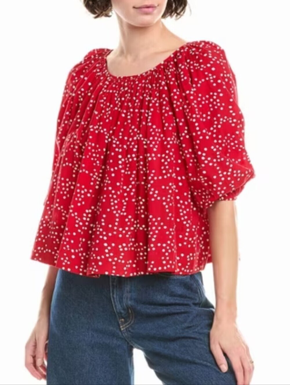 Madewell Red White Scattered Dot Flowy Feminine Cropped Statement Top | Medium